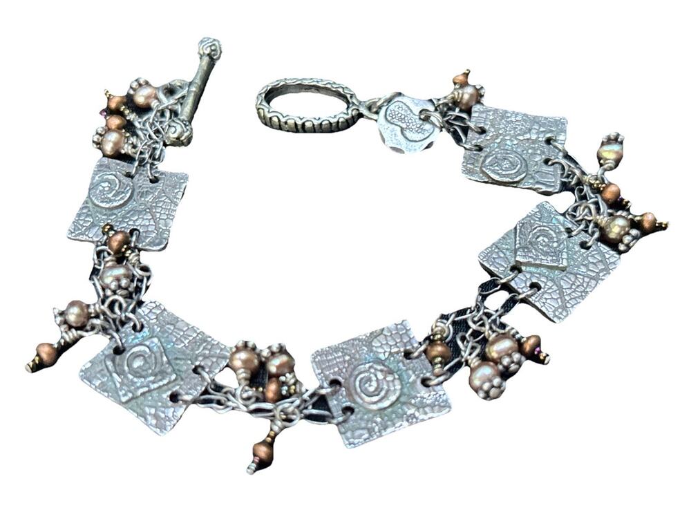 Artisan Sterling Silver 925 & Cultuted Pearls Link Bracelet 7 3/4” One Of A Kind